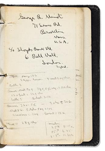 (NOBEL LAUREATES.) MINOT, GEORGE R. Autograph Manuscript Signed, twice, his personal journal kept during trip between Boston and Stockh